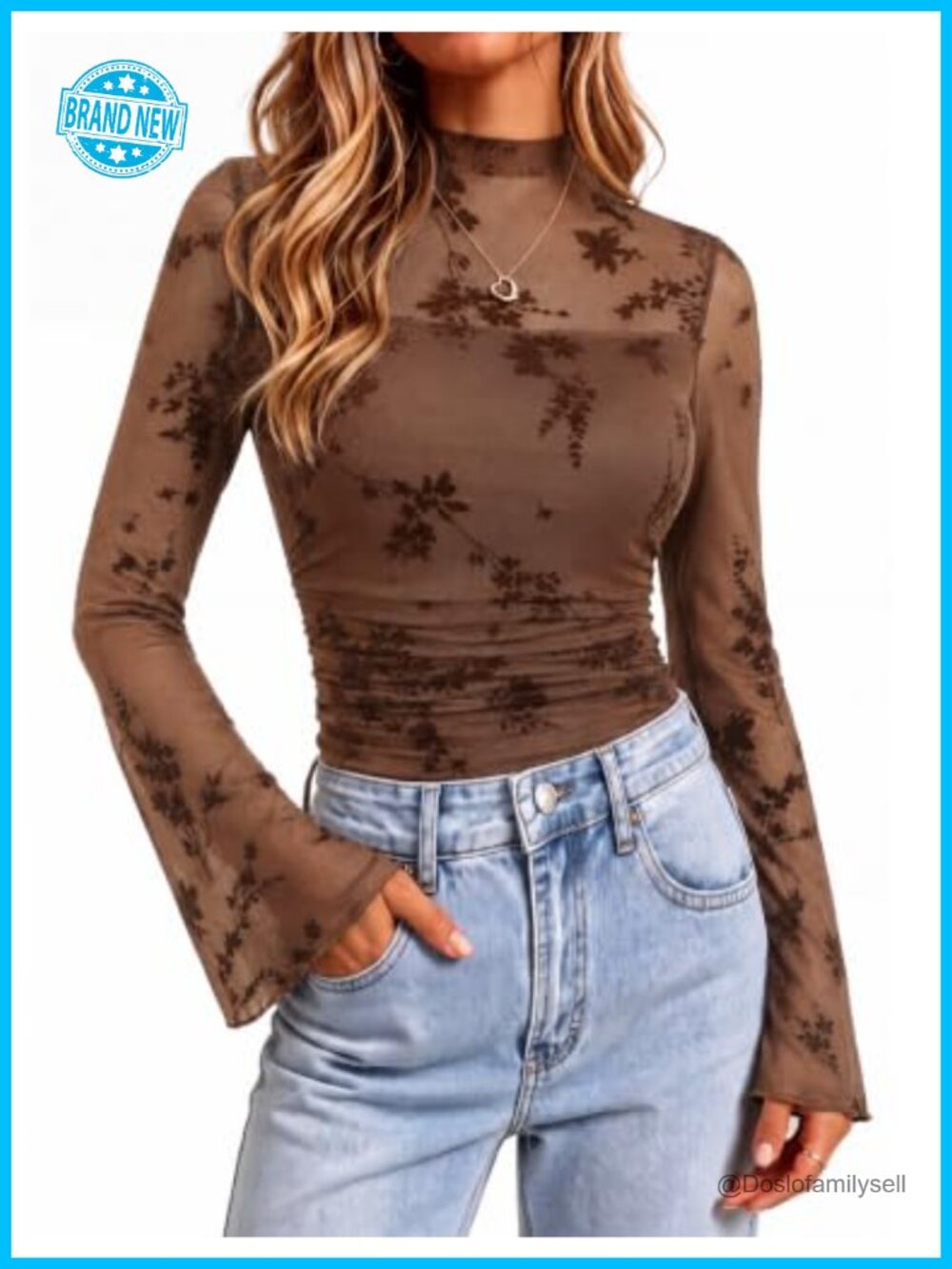 Sheer Floral Mesh Top Mock Neck Bell Sleeve Ruched Blouse